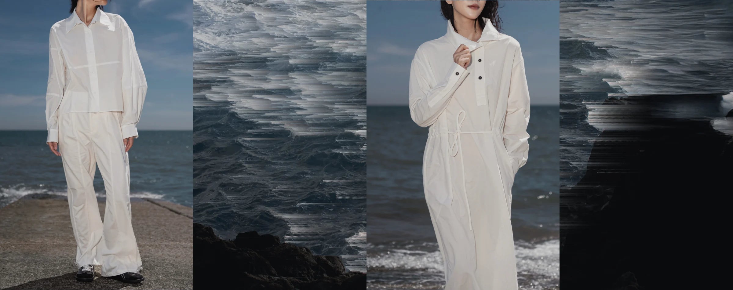 XXLSMILE seasonal minimal summer womenswear in cotton, linen and Tencel, lightweight silhouettes for warm-weather dressing in a minimalist coastal setting.