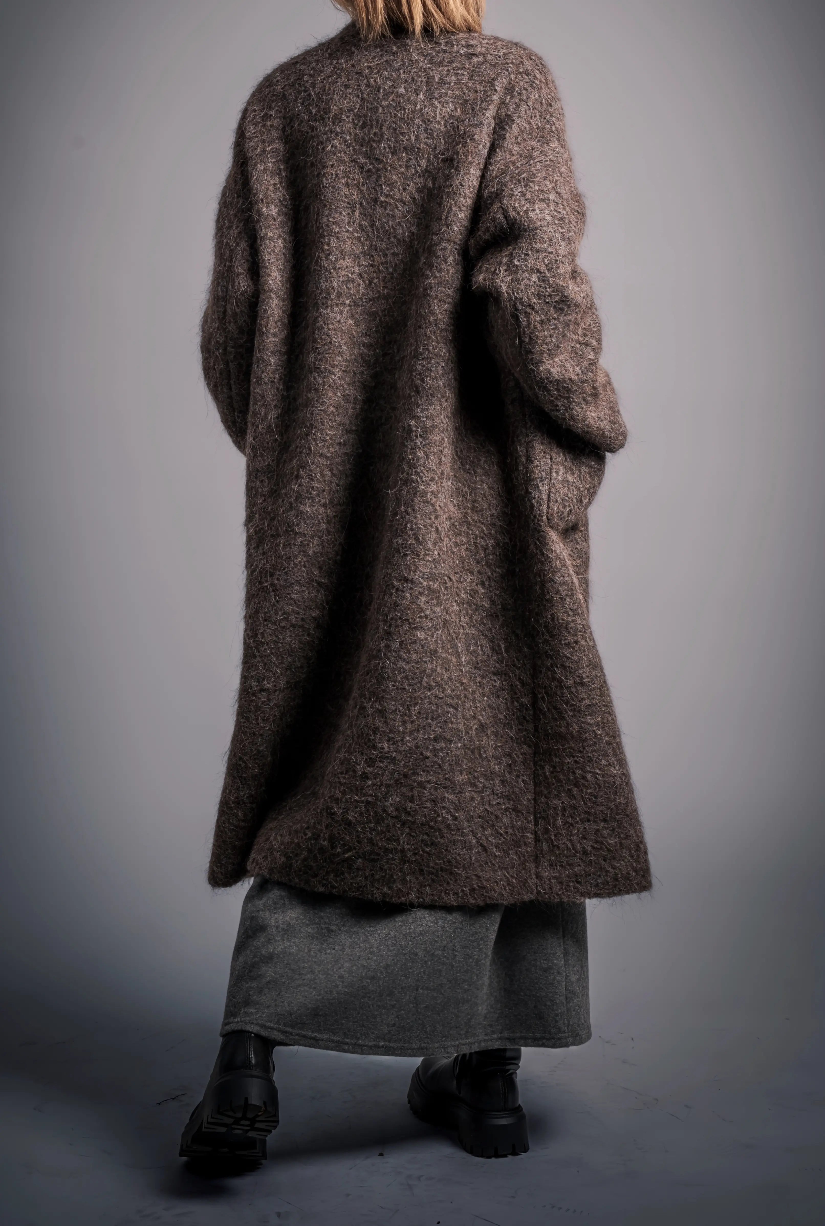 Back view of Mocha Wool Coat showing cocoon shape and soft back curve