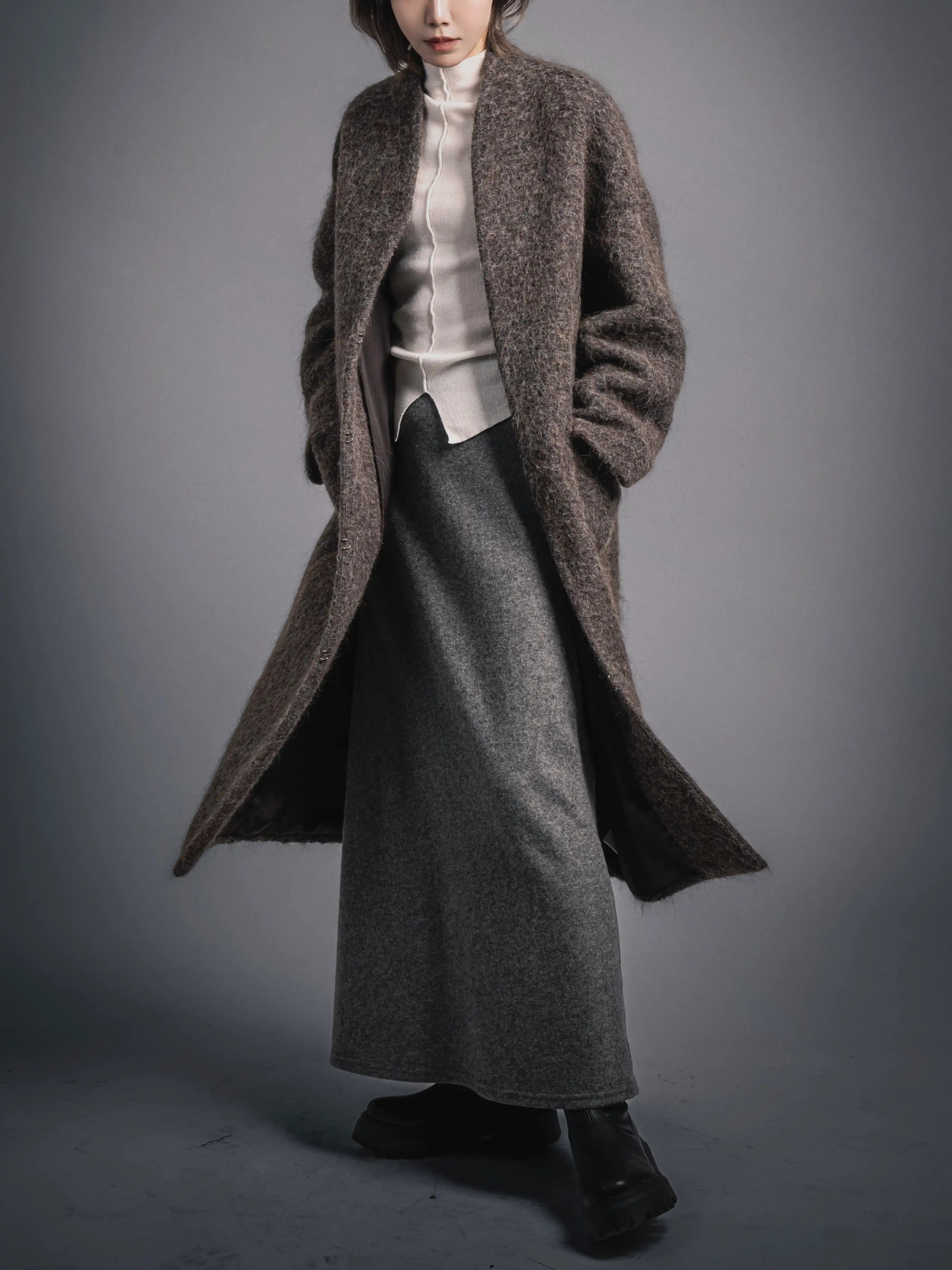 Full body model wearing Mocha Grace Wool Coat, cocoon silhouette winter look