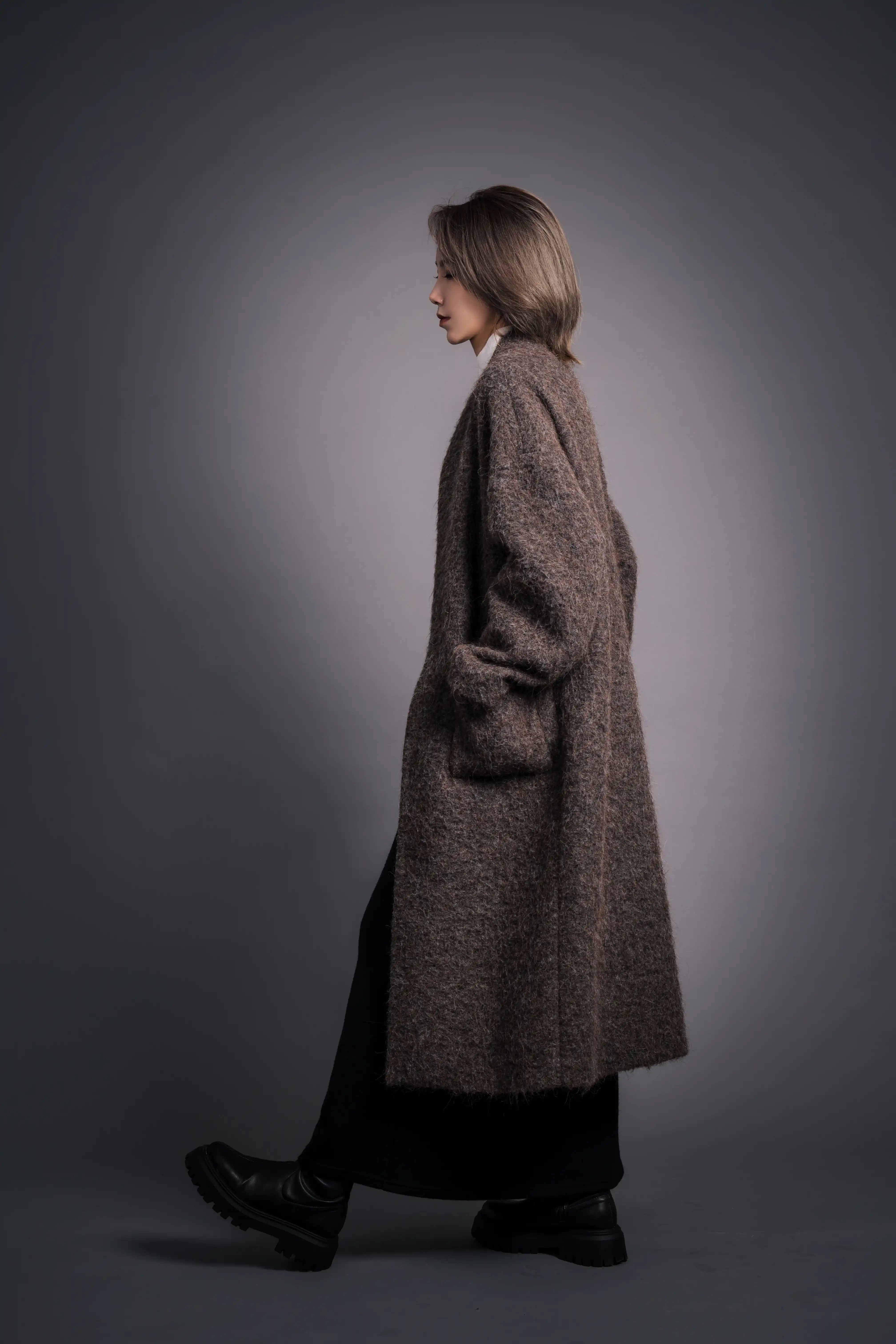 Side view of Mocha Grace Wool Coat, natural drape and relaxed winter styling
