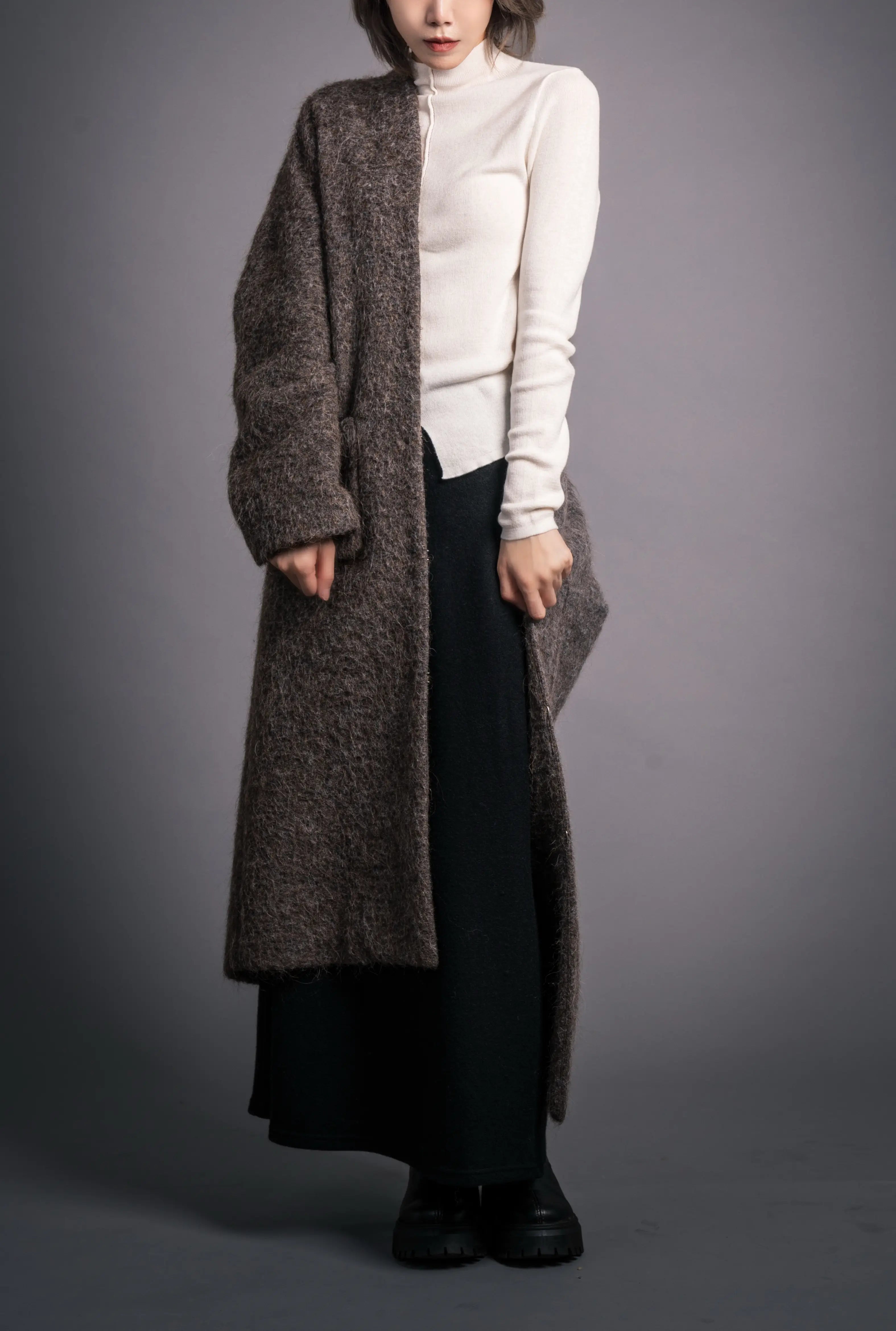 Mocha Wool Coat styled with white knit for layered winter outfit