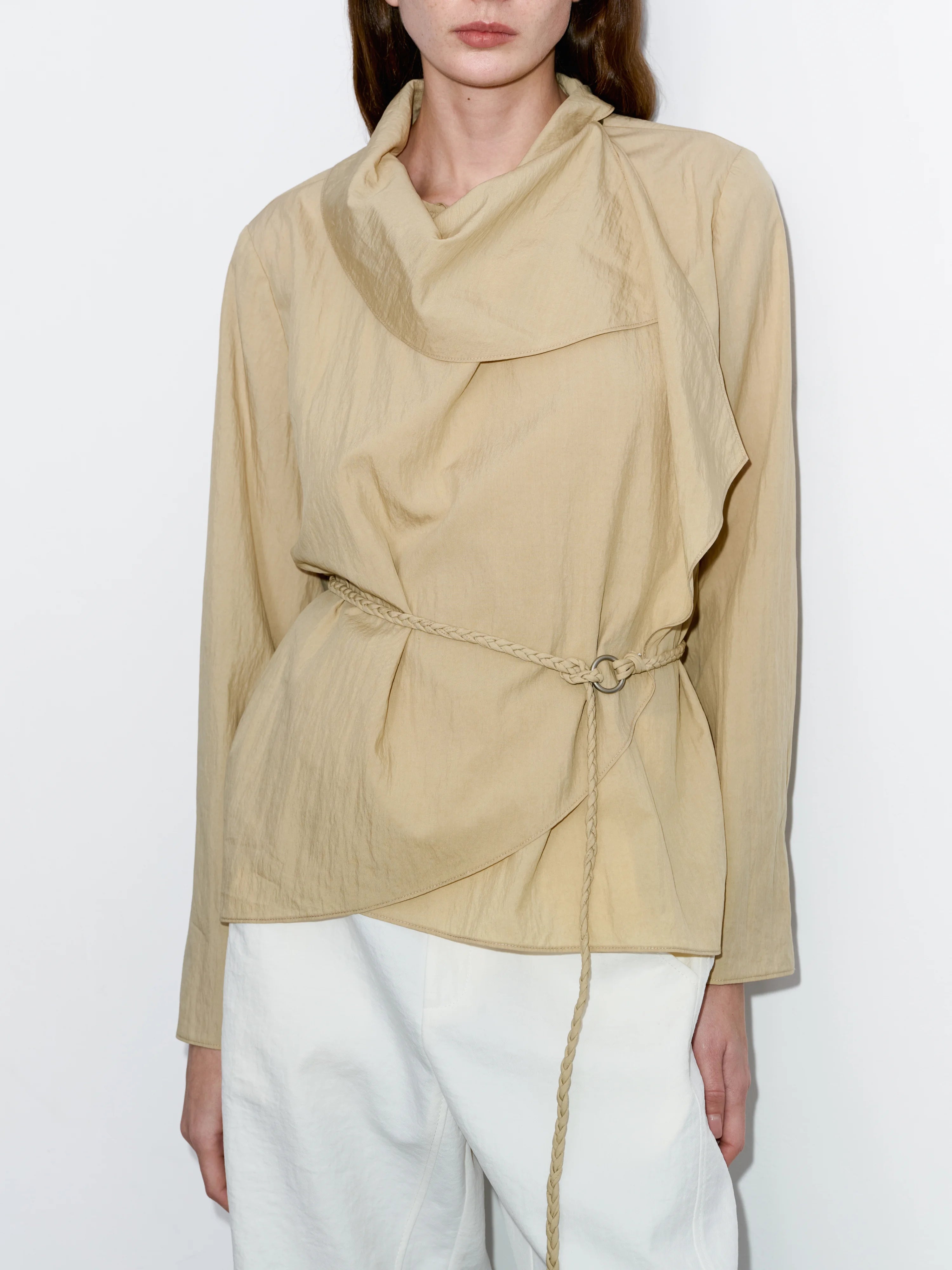Khaki Breeze Top with rope belt, relaxed front view, soft drape and minimal neckline, paired with white trousers for clean everyday style.