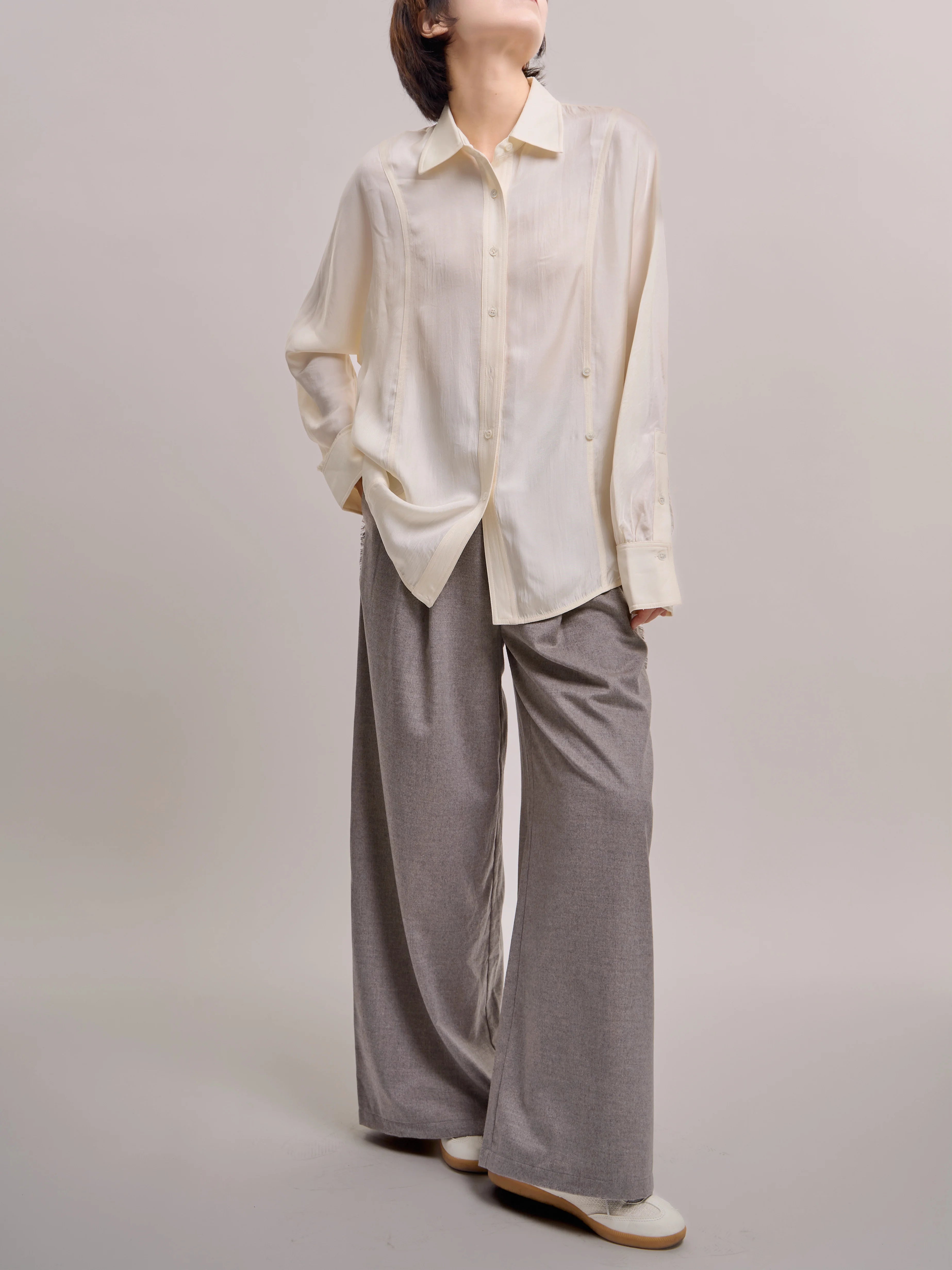 Relaxed front view of Dual Line Shirt showing smooth drape and clean straight silhouette option.