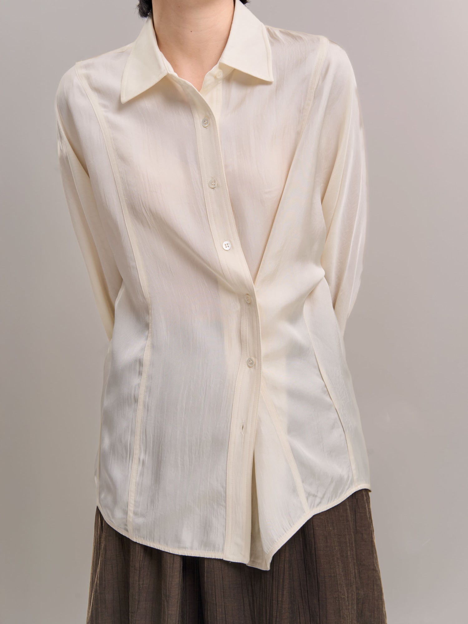 Close-front styled view of Dual Line Shirt highlighting clean collar, smooth acetate sheen and easy drape.