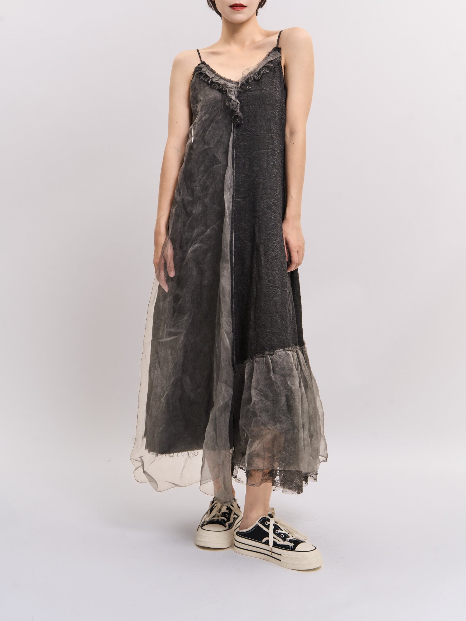 Front view of Mist Veil Dress highlighting silk–linen–Tencel blend and layered sheer hem.