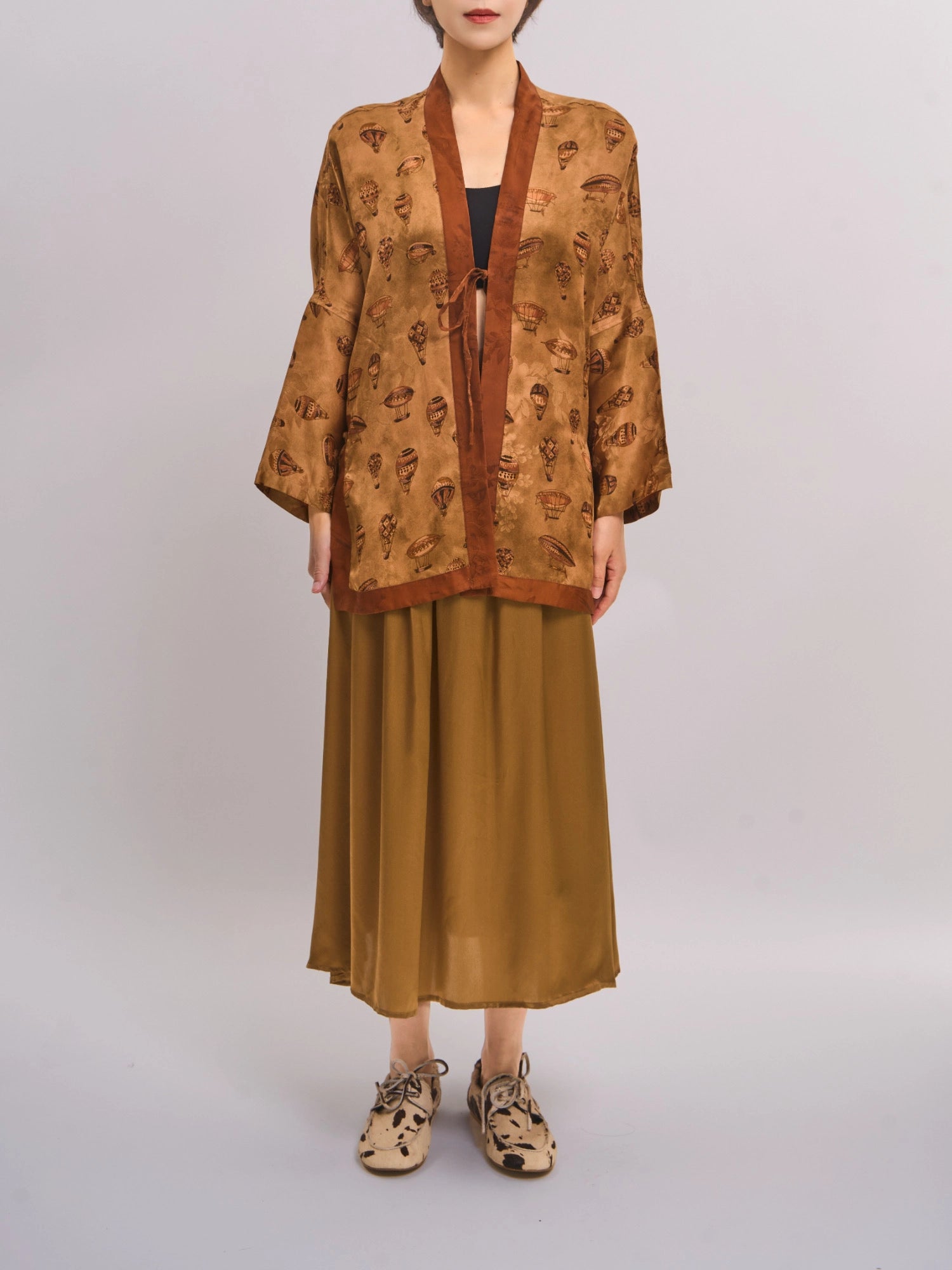 Front standing shot of mulberry silk Xiangyunsha top showing open front and smooth silk sheen.