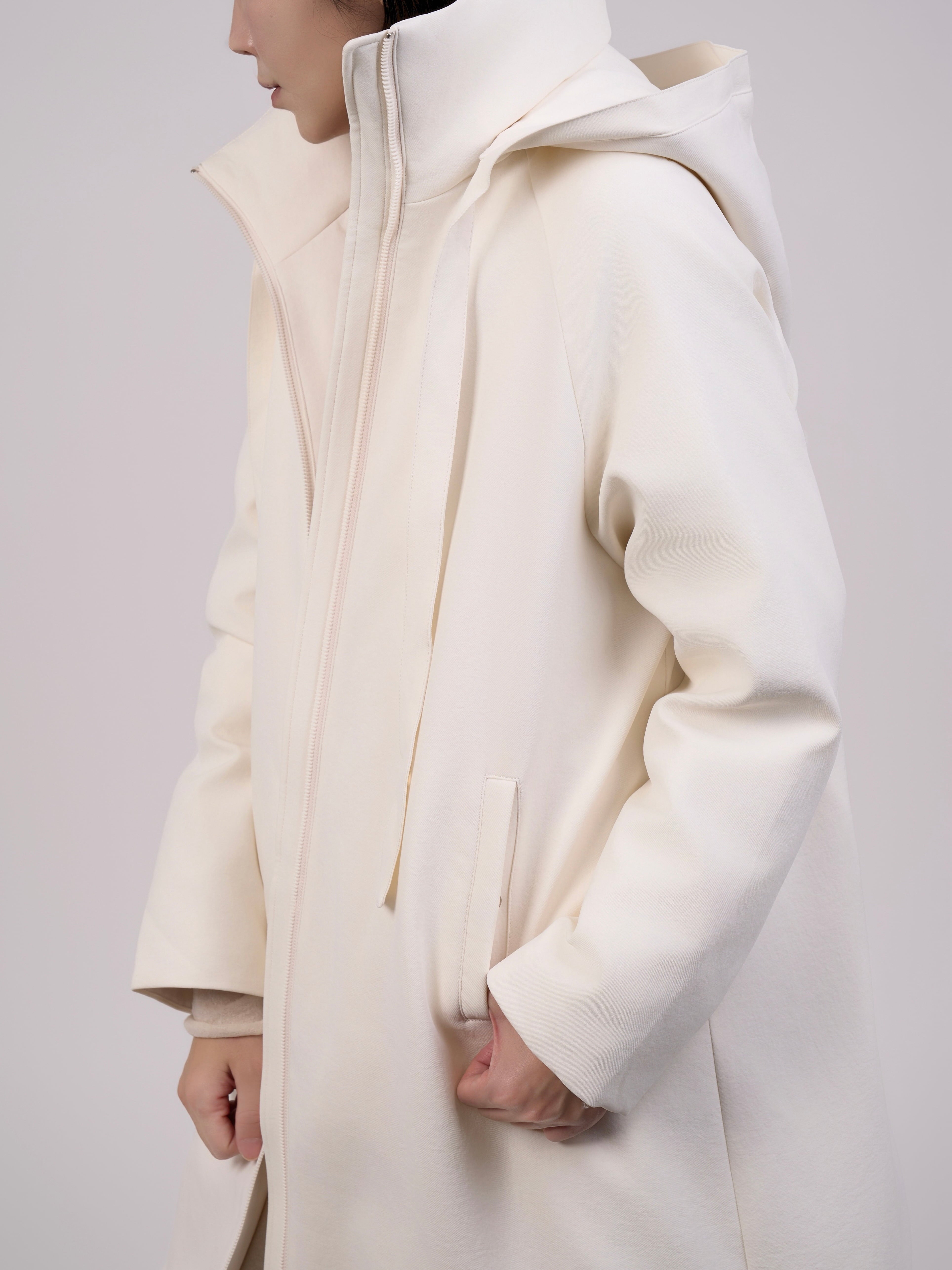 Back view of Off-White Hooded Down Coat highlighting hood volume and winter silhouette.
