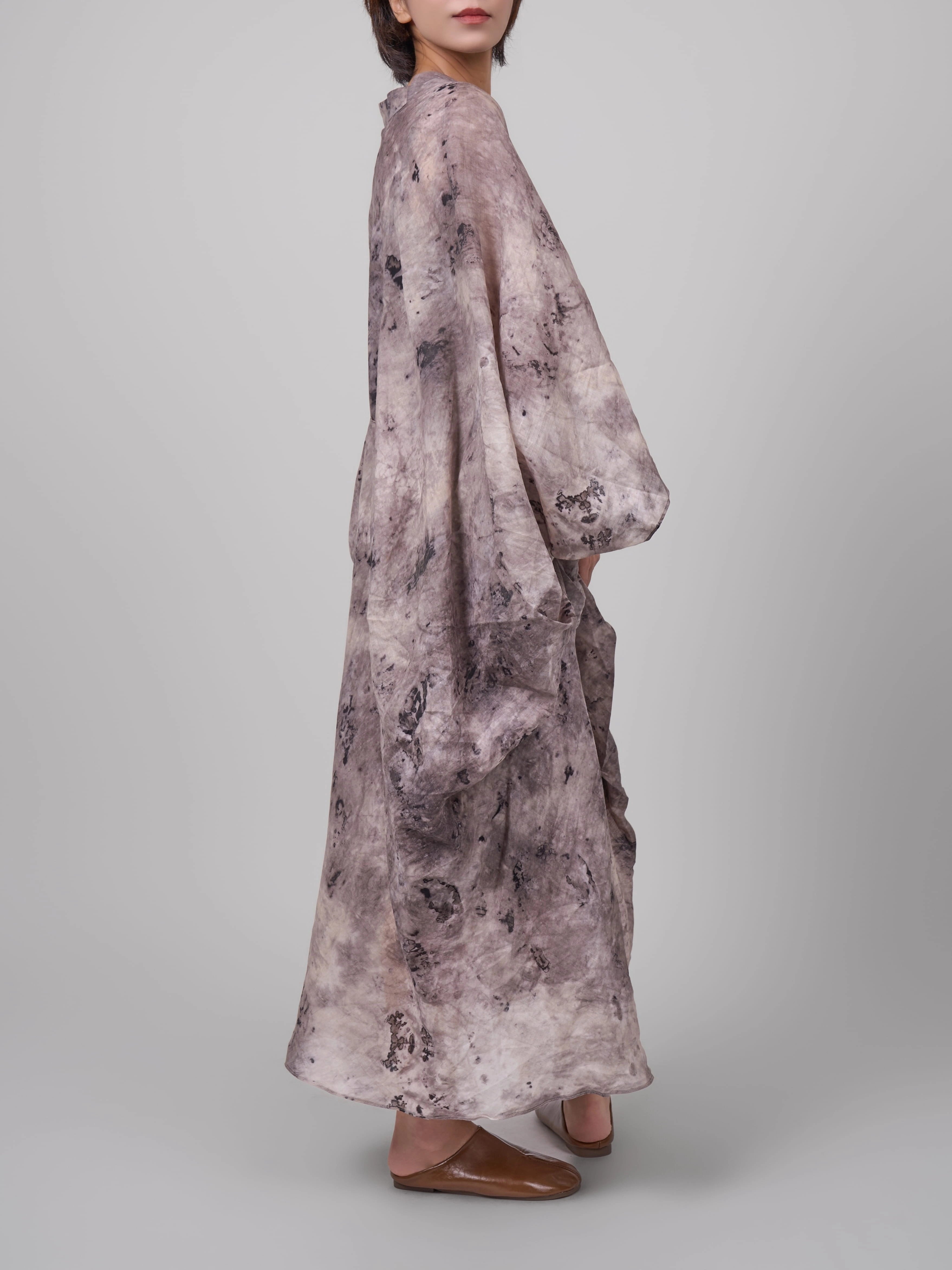 Side view of Tang Ramie Flowing Dress highlighting airy ramie fabric and relaxed movement.