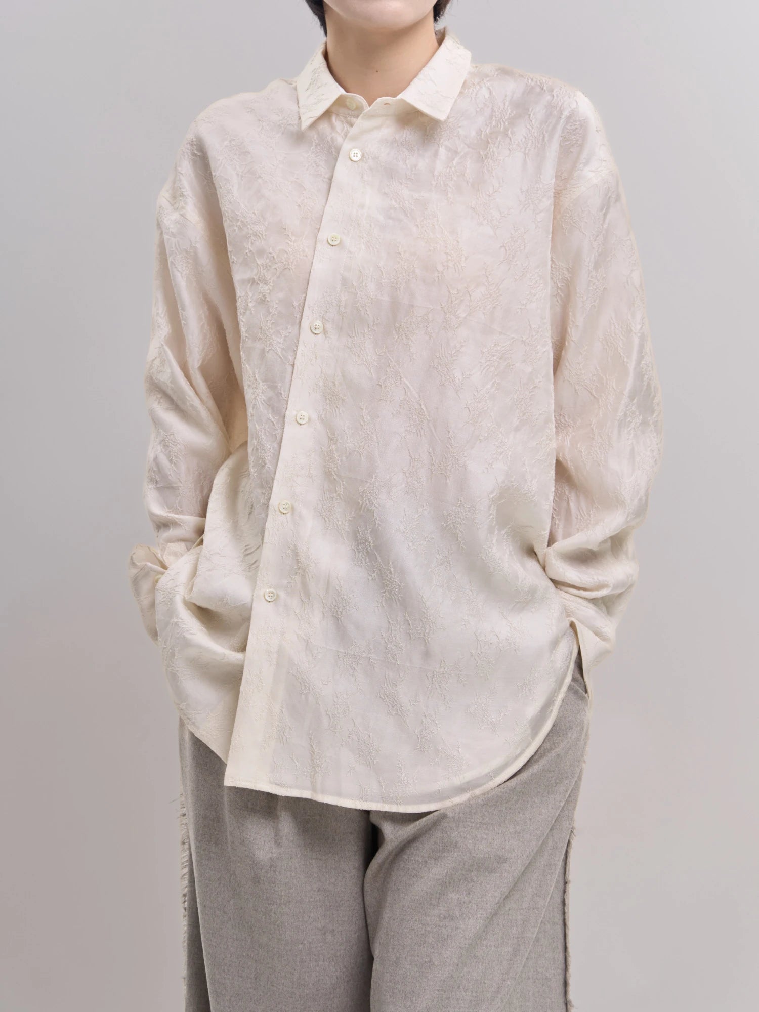 Front view of white Textured Shirt showing clean collar, relaxed drape and subtle jacquard texture.