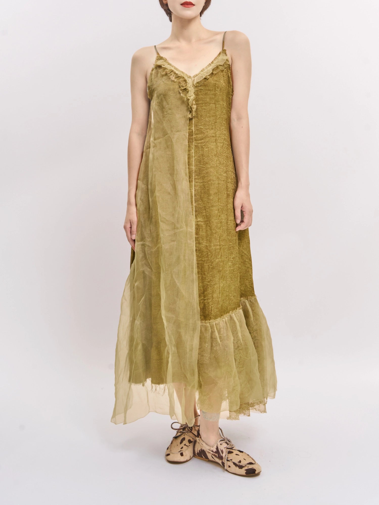 Front view of Verdant Veil Dress showing silk–linen–Tencel texture and sheer layered hemline.