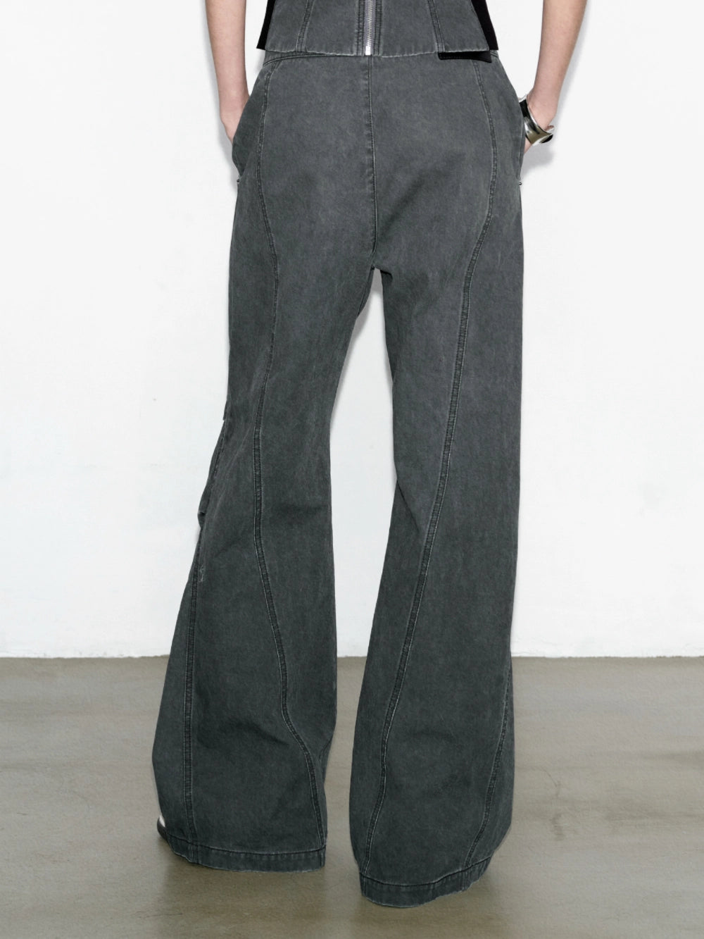 Back view of washed paratrooper trousers, relaxed straight cut with washed finish.